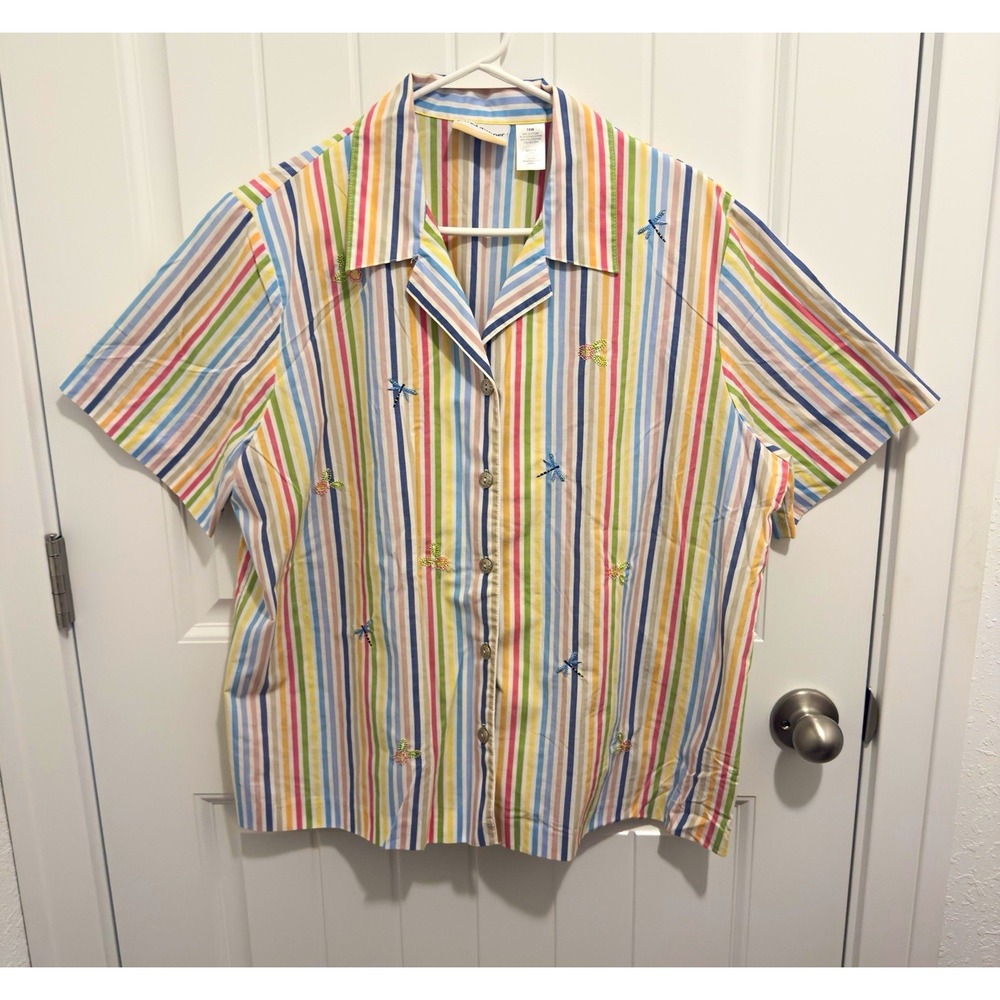 Alfred Dunner Women's Striped Collared Woven Button-Up Embroidered Design 16W